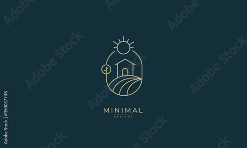 House tree and sun minimal logo , farm logo , countryside house with fields	
