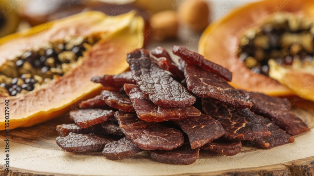 Beef jerky with dried papaya. Beef jerky is cut into small pieces and laid out on a wooden board. The background is blurred. Beef jerky with dried papaya. Beef jerky is cut into small pieces and laid out on a wooden board. The background is blurred.