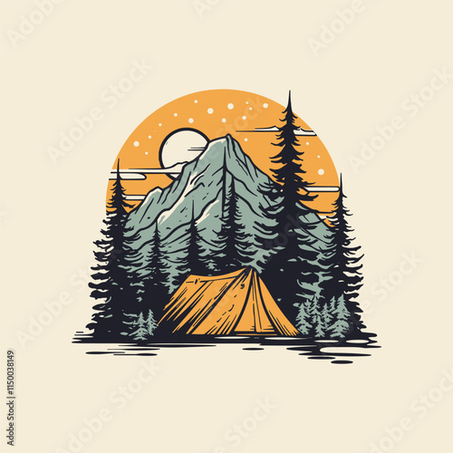 A serene camping scene with mountains, a tent, and tall trees.