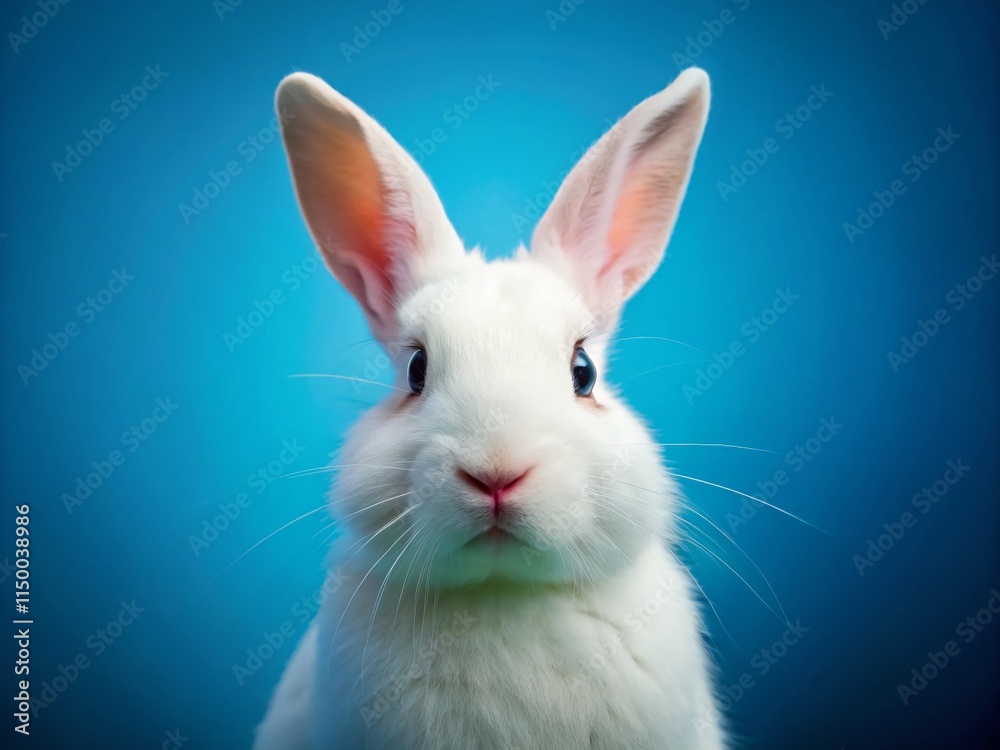 Obraz premium White Rabbit on Blue Background: Studio Shot of a Domestic Rabbit
