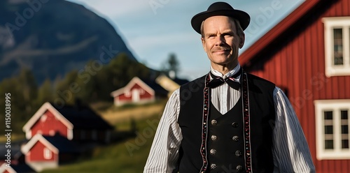 A detailed close-up portrait of a Swedish man in traditional clothing, focusing on heritage and national pride