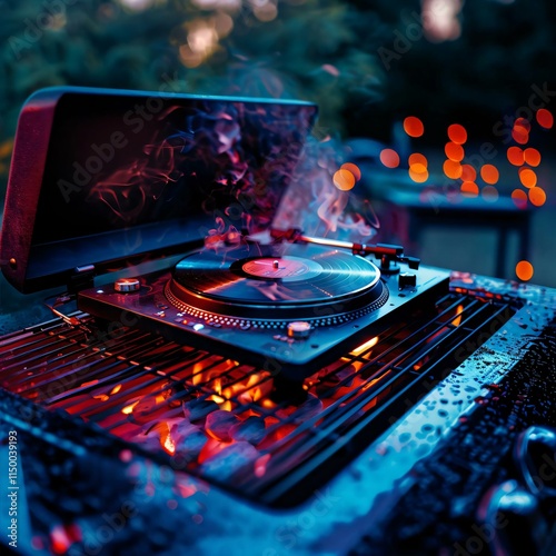 Technics SL1200 turntable sits inside propane grill bright colors blurred background