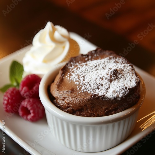 A decadent chocolate soufflé with a dusting of powdered sugar and a rich molten center, served in a ramekin, Soufflé centered photo