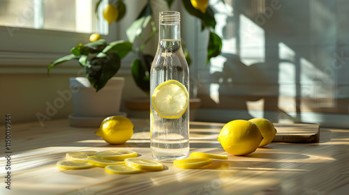 Refreshing Lemon Water in a Glass Bottle on a Wooden Table