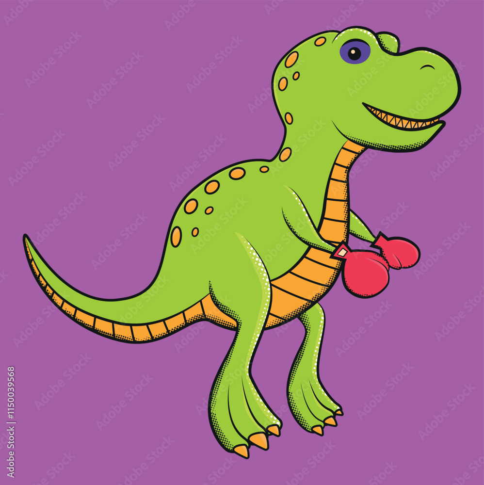 Fototapeta premium cartoon green children's t-rex with boxing gloves and black eye