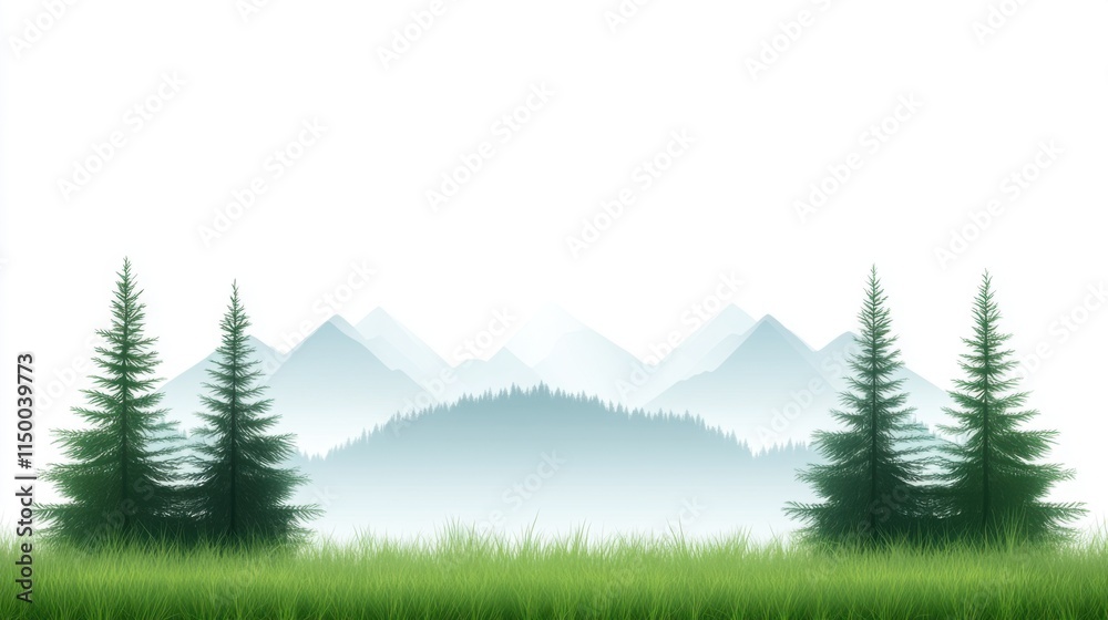 Fototapeta premium Silhouette of lush green forests on a white background nature scene minimalist design tranquil atmosphere