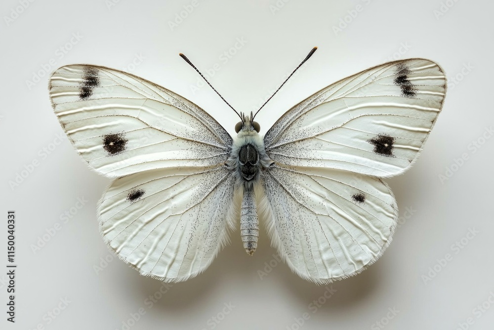small white butterfly displays subtle black markings on its delicate wings set against white background capturing essence of minimalist beauty and nature. small white butterfly displays subtle black markings on its delicate wings set against white background capturing essence of minimalist beauty and nature.