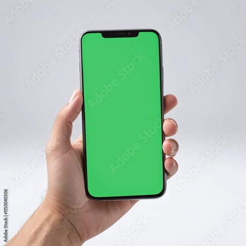 modern smartphone with green screen in left hand on background, smartphone in hand, png mockup for any background and any image on the screen, generative a