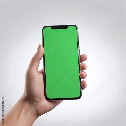 modern smartphone with green screen in left hand on background, smartphone in hand, png mockup for any background and any image on the screen, generative a