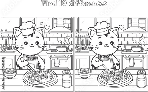 Digital Coloring Page and Spot the Difference Game Cat Making Pizza