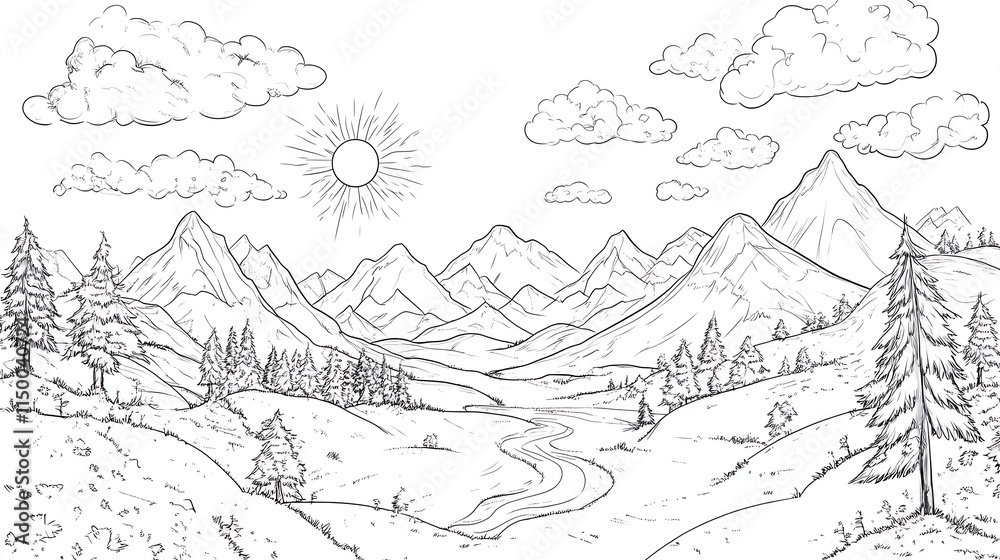 Fototapeta premium Beautiful Mountain Landscape Coloring Page for Relaxation and Creativity