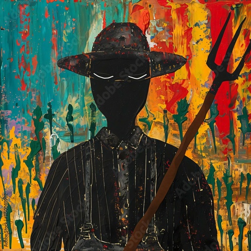Figure vintageinspired attire including black hat pitchfork stands against multicolored background reminiscent Jacob Lawrences style