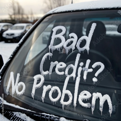 Car window bad credit no problem written frost lettering humorous take common phrase winter feel photo