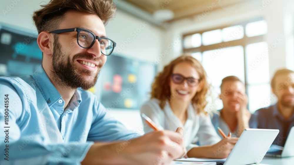 A group of four people engaged in a collaborative discussion, smiling and sharing ideas in a bright, modern workspace. A group of four people engaged in a collaborative discussion, smiling and sharing ideas in a bright, modern workspace.
