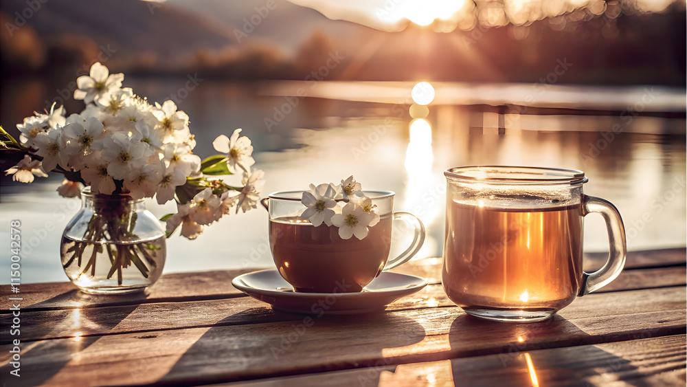 Fototapeta premium Tea and White Flowers by the Lake. Perfect for: Tea Lovers' Day, Lakeside Retreats, Quiet Afternoons
