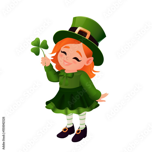 A cheerful vector illustration of a cute red-haired leprechaun girl dressed in traditional green attire, complete with a tall hat, striped stockings, and black shoes with gold buckles. She holds a