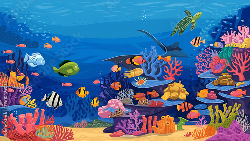 Colorful corals and exotic fish, underwater coral reef panoramic background, marine life ecosystem wallpaper illustration