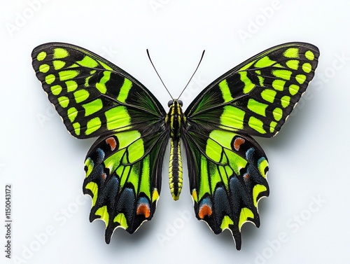 tailed jay butterfly showcases its unique vibrant green spots on glossy black wings. photo