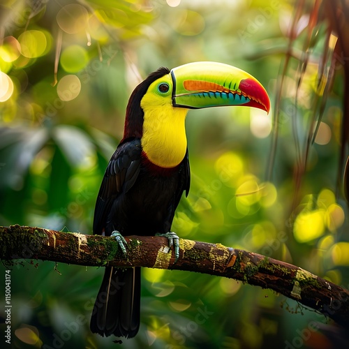 Closeup of toucan sitting on branch with vivid colors, A toucan on a tree branch surrounded by lush jungle foliage .

