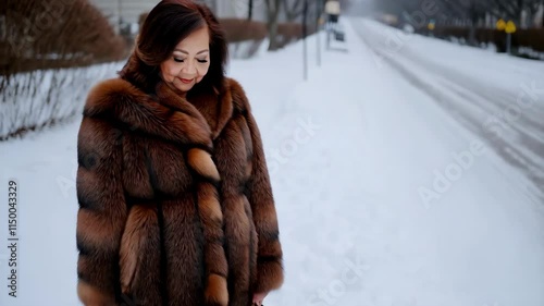 Sophisticated senior woman wearing luxurious brown sable fur coat standing confidently on snow covered urban street during winter season