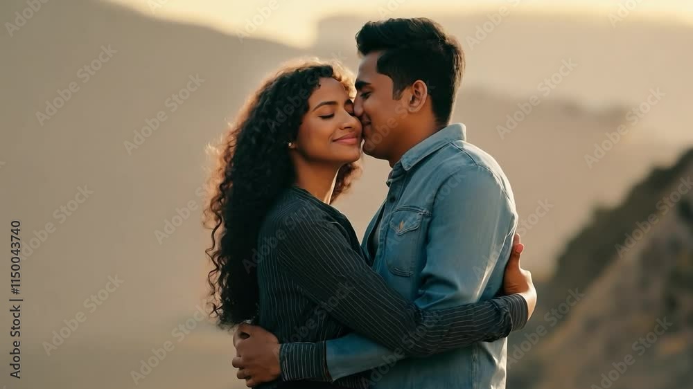 Loving couple embracing, sharing tender moment amid golden sunset landscape, expressing deep emotional connection and intimacy through gentle, warm interaction Loving couple embracing, sharing tender moment amid golden sunset landscape, expressing deep emotional connection and intimacy through gentle, warm interaction