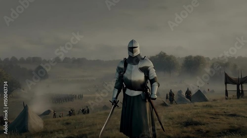 Armored medieval knight standing with swords, facing misty army camp in dramatic historical battlefield setting