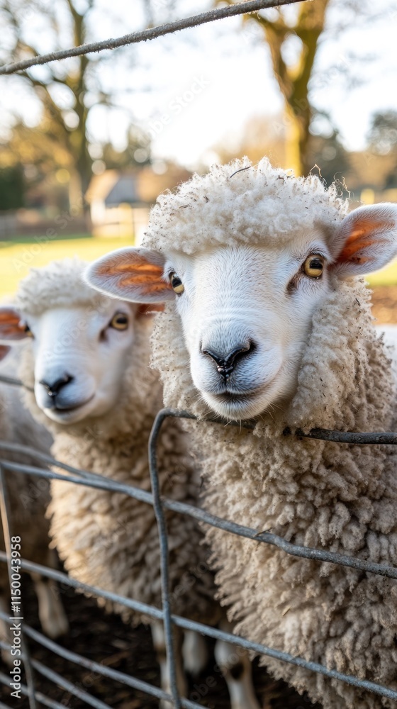 Two fluffy sheep peering through a wire fence in a sunny outdoor setting. Two fluffy sheep peering through a wire fence in a sunny outdoor setting.