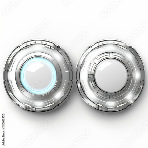 Two futuristic buttons sleek metalized design sit white background one lit blue active other unlit inactive exuding sense balance modernity photo