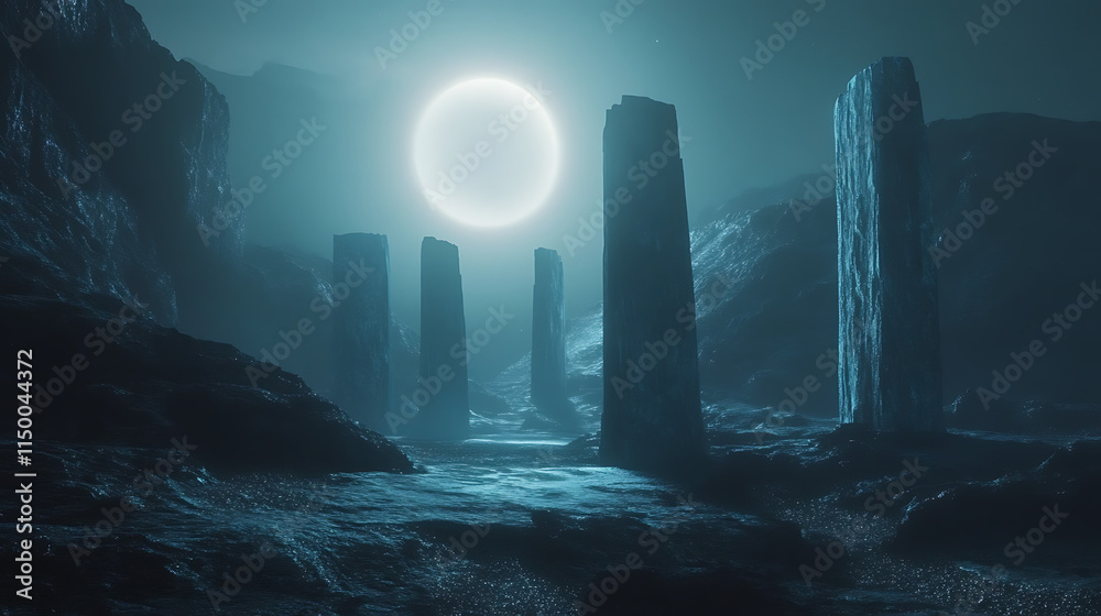 Mystical Moonlit Landscape: A surreal landscape of ancient stone pillars bathed in the ethereal glow of a full moon, evokes a sense of wonder and mystery. Mystical Moonlit Landscape: A surreal landscape of ancient stone pillars bathed in the ethereal glow of a full moon, evokes a sense of wonder and mystery.