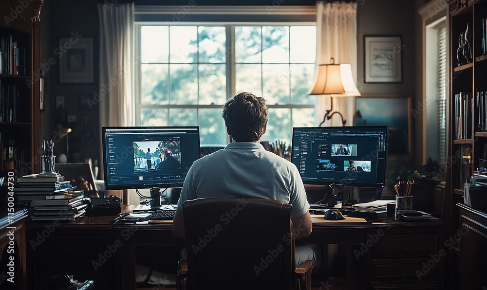 Home office workspace with man editing photos on computers, natural light streaming through large window.