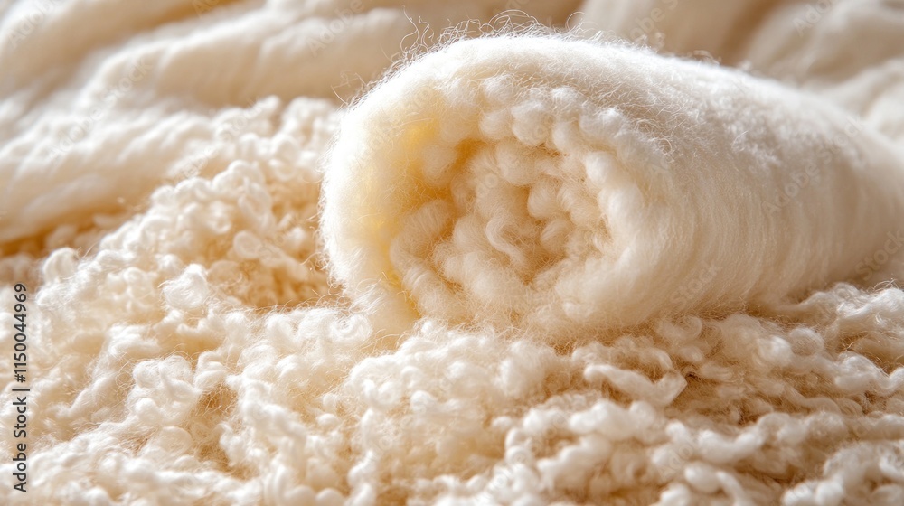 A close-up of rolled cream-colored wool on a textured background. A close-up of rolled cream-colored wool on a textured background.