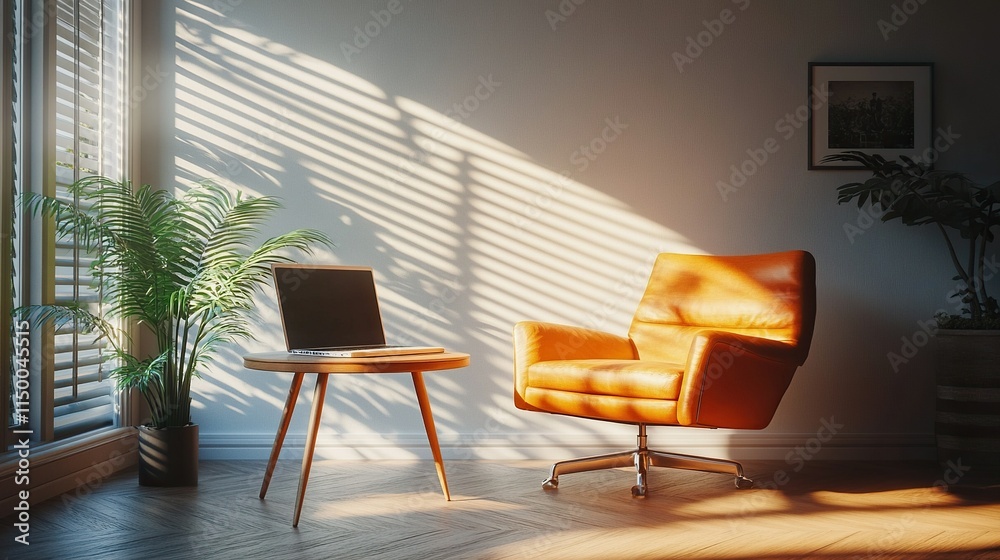 Fototapeta premium Aesthetic luxury modern home office workspace interior with laptop computer, orange leather armchair and coffee table. Sunlight shadows on the wall. Lounge space for relaxation and
