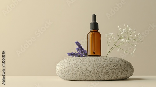 Aesthetic minimalist beauty care therapy concept. Organic serum oil cosmetics bottle on stone with flowers against neutral beige background. Body skin, face treatment product composition