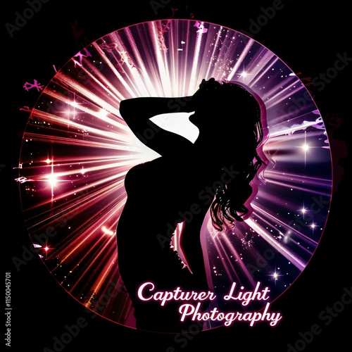 Stylized silhouette woman dynamic light rays creating halo effect surrounded logo Capturer Light Photography modern artistic design