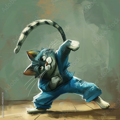 Cartoon cat blue martial arts uniform strikes dynamic fighting stance its whiskers spread eyes focused intense concentration photo