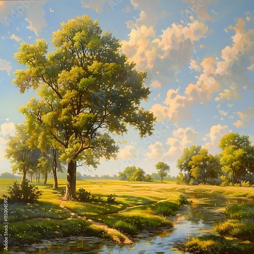 Colorful nature scene in a wilderness setting, Evening rural landscape, Sea buckthorn tree in summer day.