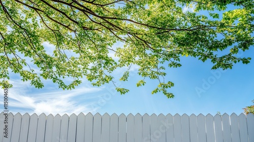 Beautiful decorative tree with green leaves over white fence and blue sky. Summer background