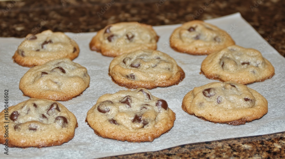 Freshly Baked Chocolate Chip Cookies on Baking Sheet Freshly Baked Chocolate Chip Cookies on Baking Sheet