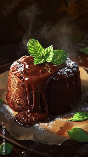 A molten chocolate lava cake with warm chocolate oozing