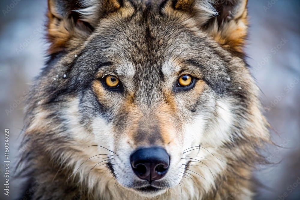 Fototapeta premium Wolf Muzzle Closeup, Wild Canine Face, Animal Portrait, Predator Eyes, Nature Photography, Majestic Wolf, Wildlife Image, Close Up Shot, Sharp Focus, Fur Detail