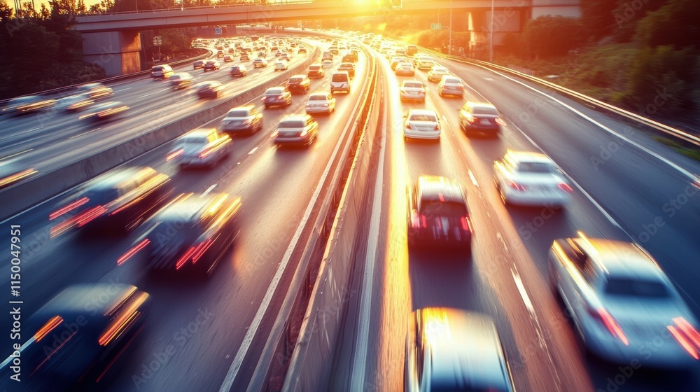 Dynamic Traffic Flow on Urban Highway During Sunset with Blurred Motion Effects