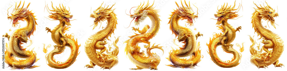Obraz premium A row of gold dragons are shown in various poses