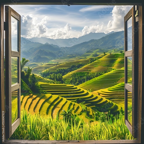 Serene view of terraced fields through an open window, Green landscape in the mountains through large window, mountain, green, background, window, nature, scenery, tranquil.