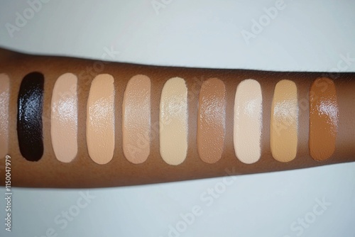 An arm displaying swatches of diverse foundation shades on a dark skin tone, arranged from dark to light. This image highlights diversity, inclusivity, and makeup choices.