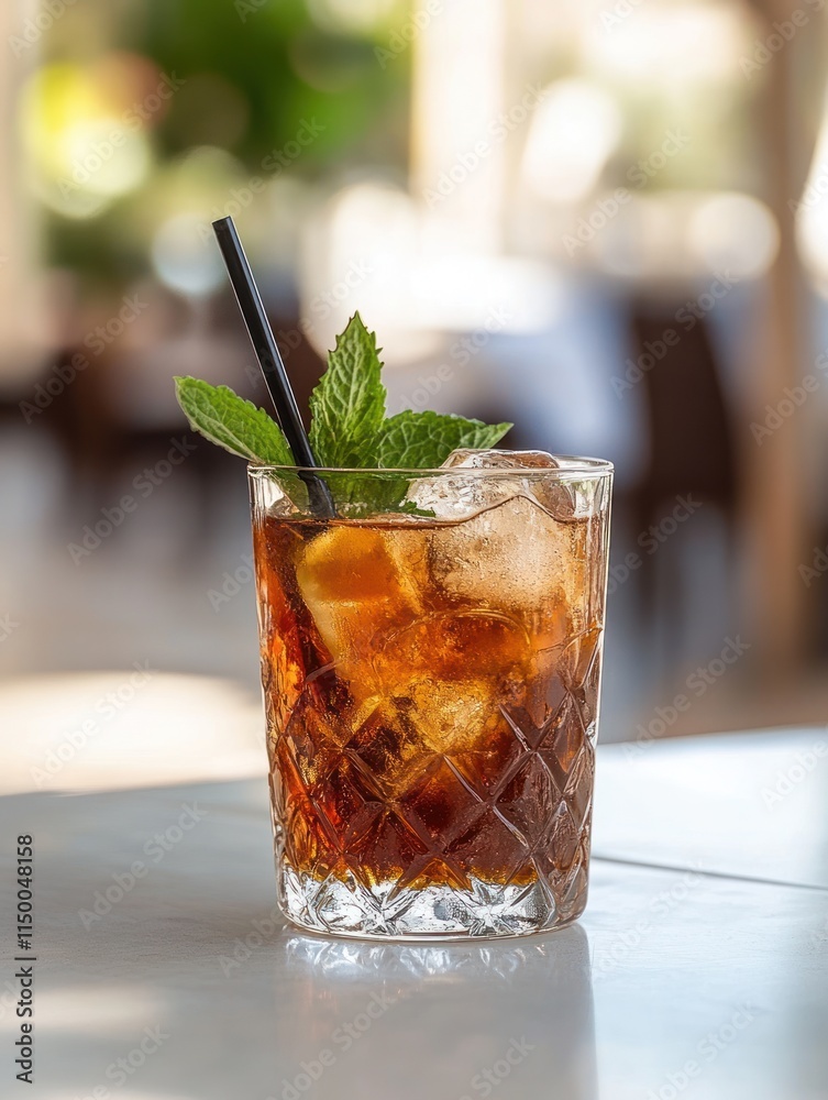A refreshing drink with ice and mint, served in a glass, perfect for relaxation. A refreshing drink with ice and mint, served in a glass, perfect for relaxation.