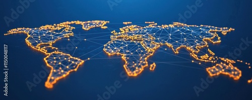 A digital representation of a world map connected by glowing lines, symbolizing global connectivity and network communications.