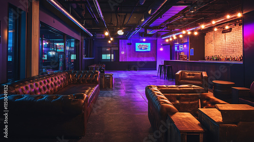 The 3rd floor axe-throwing arena and karaoke lounge, a stylish space with leather couches, dartboards, and a virtual golf setup, illuminated by moody, modern lighting.  photo