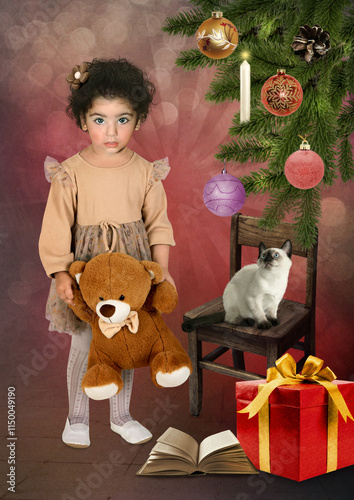 Little girl with a teddy bear and a Siamese kitten on a background of a Christmas tree. Digital art.