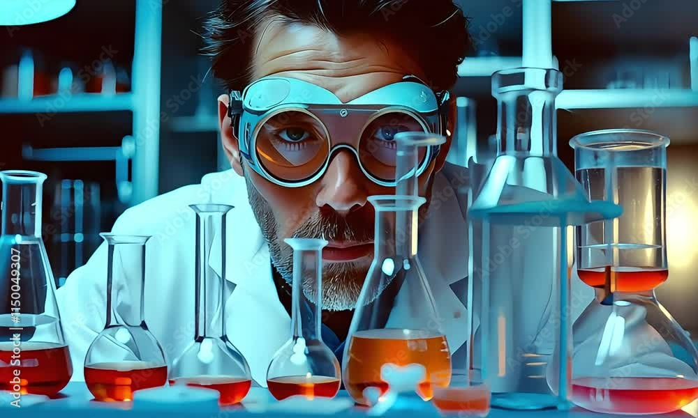 A man in a lab coat is looking at a table full of beakers and test tubes