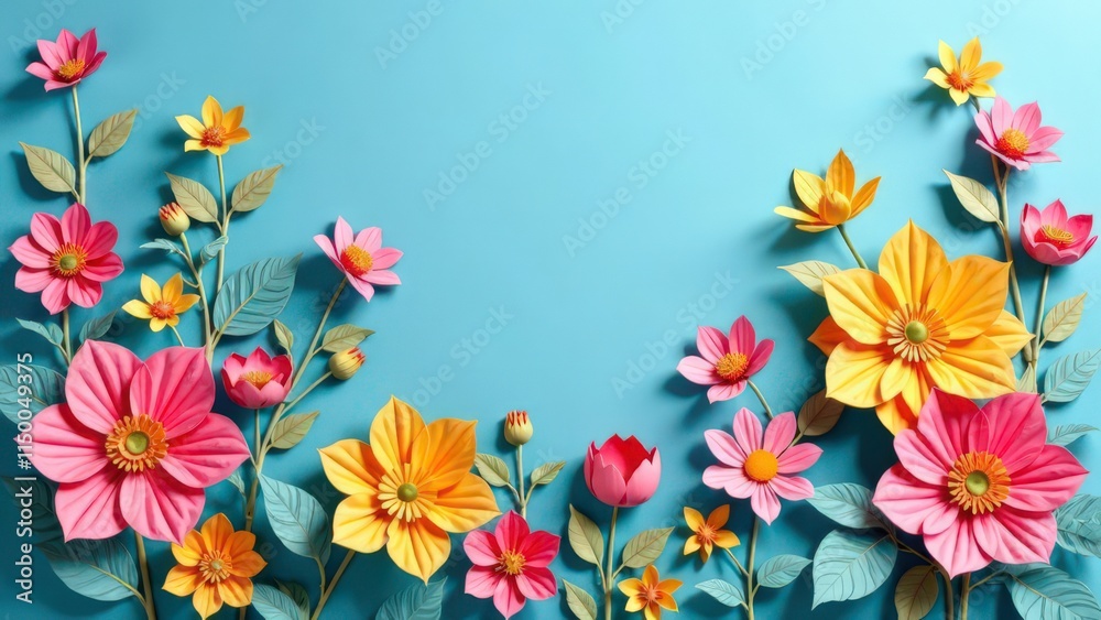 Fototapeta premium Papercut floral composition, light blue background, flowers along the edges, frame for potscards, invitation, copy space, place for text, horizontal. 8th March concept